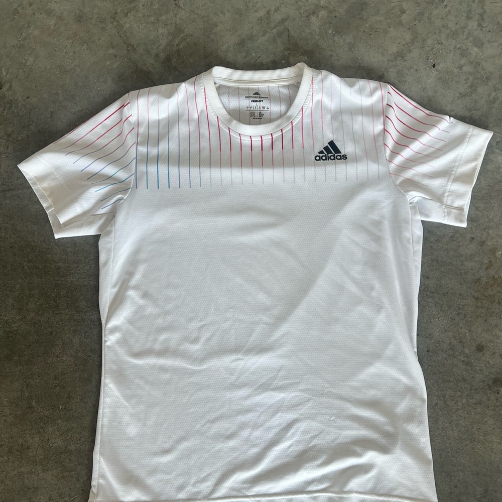 Adidas White tennis Tee with Red and Blue Accents
